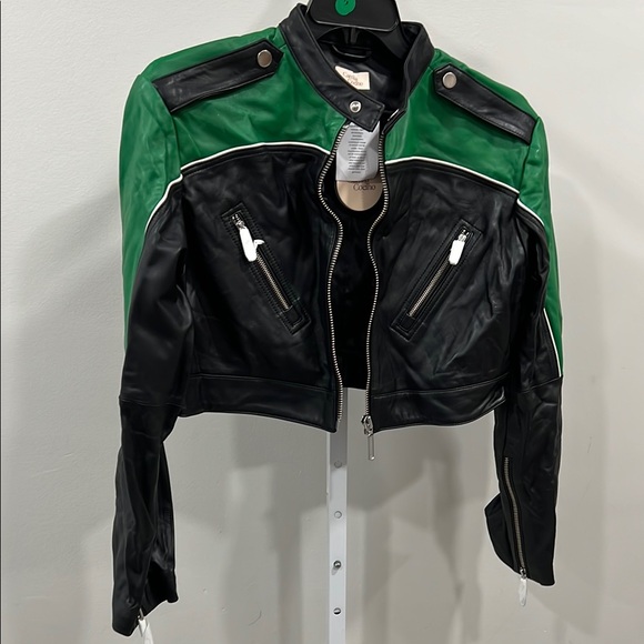 Camila Coelho Cropped Moto Biker Leather Jacket in Green & Black - Picture 3 of 9